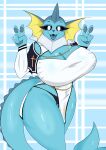  absurd_res anthro big_breasts blue_body breasts clothed clothing cross eeveelution female generation_1_pokemon hi_res huge_breasts jewelry killer._ez looking_at_viewer necklace nintendo nun_outfit open_mouth pokemon pokemon_(species) pokemorph solo thick_thighs underwear vaporeon 