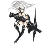  1girl arm_strap barcode black_gloves black_leotard black_socks bow breasts character_name cleavage_cutout clothing_cutout crossbow floating_hair full_body gager_(girls&#039;_frontline) girls&#039;_frontline gloves green_eyes gun headgear holding holding_crossbow holding_gun holding_weapon infukun knee_pads kneehighs knife knife_sheath large_breasts leaning_forward leotard long_hair looking_at_viewer official_art ornament panties parted_lips photoshop_(medium) sangvis_ferri sheath simple_background socks solo thigh_strap transparent_background underwear v-shaped_eyebrows very_long_hair weapon white_hair 