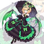  1girl alternate_costume bare_shoulders bat_hair_ornament black_choker black_dress black_footwear black_pantyhose blonde_hair blue_archive blush_stickers bow choker collarbone demon_tail demon_wings detached_sleeves dress fake_head_wings fake_tail fake_wings fangs frilled_dress frills gothic_lolita green_bow green_eyes green_ribbon hair_ornament halloween_costume halo heart heart_tail high_heels highres lolita_fashion looking_at_viewer midori_(blue_archive) neck_ribbon open_mouth pantyhose parasol ribbon short_hair smile solo standing surps tail tiara umbrella wings 