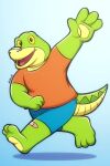  2023 3_toes 4_fingers alligator alligatorid anilover16 anthro band-aid bandage bottomwear brok_(character) brok_the_investigator clothing crocodilian feet fingers green_body hi_res reptile scalie shirt shorts simple_background solo toes topwear walking young 