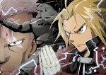  3boys alphonse_elric armor blonde_hair brothers brown_eyes commentary_request edward_elric electricity fighting_stance frown full_armor fullmetal_alchemist furrowed_brow gloves grey_hair highres male_focus multiple_boys niwatori_sennin own_hands_together scar_(fma) serious siblings white_gloves 