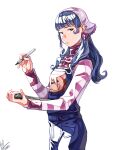  1girl ace_attorney animal_print bear_print blue_eyes blue_hair blue_overalls blunt_bangs cowboy_shot dated half-closed_eyes hand_up head_scarf highres holding holding_notepad holding_pen light_smile long_hair long_sleeves looking_at_viewer miz_(bannako) notepad overalls parted_lips pen pink_headwear pink_shirt pocket print_overalls shirt sidelocks signature simple_background solo striped striped_shirt turtleneck vera_misham wavy_hair white_background 