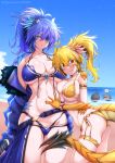  2girls annes_(g_(genesis1556)) antenna_hair arisa_(g_(genesis1556)) armlet artist_name ass ass_visible_through_thighs bare_shoulders beach bikini blonde_hair blue_bikini blue_eyes blue_hair blue_jacket blue_sky blush bow bow_(weapon) bowtie breasts claws cleavage closed_mouth cloud collarbone commentary_request cowboy_shot day dragon_girl dragon_horns dragon_tail eyepatch fur-trimmed_jacket fur_trim g_(genesis1556) hair_between_eyes high_ponytail highres holding holding_sword holding_weapon horns jacket large_breasts long_hair looking_at_viewer monster_girl multiple_girls navel ocean off_shoulder ootachi open_clothes open_jacket original outdoors ponytail sacabambaspis scales scar scar_across_eye shark sheath sheathed sidelocks skindentation sky standing stitches stomach swimsuit sword tail thighlet weapon yellow_bow yellow_bowtie yellow_eyes 