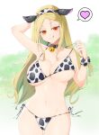 1girl :q animal_costume animal_ears animal_print arm_up armpits ass_visible_through_thighs bell bikini bikini_pull black_choker blonde_hair blurry blush breasts choker cleavage clothes_pull come_hither cow_costume cow_ears cow_girl cow_horns cow_print cow_print_bikini depth_of_field fake_horns field flower grass groin hair_ornament hairclip horns jingle_bell kinako_(mzknk0) large_breasts long_hair looking_at_viewer micro_bikini mole mole_under_mouth naughty_face navel neck_bell pink_flower print_bikini print_scrunchie pulled_by_self red_eyes scrunchie senran_kagura senran_kagura_shinovi_versus shiki_(senran_kagura) shiny_skin side-tie_bikini_bottom smile solo standing string_bikini swimsuit tongue tongue_out underboob wrist_scrunchie yellow_flower 
