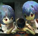  1boy 2girls :| absurdres ayanami_rei big_head black_hair blank_room_soup blue_hair bodysuit bowl clone closed_mouth emikkzo english_text expressionless food hair_between_eyes hand_on_another&#039;s_head hands_up head_down highres holding holding_ladle horror_(theme) ikari_shinji ladle leaning_forward looking_at_another meme multiple_girls neon_genesis_evangelion no_nose plugsuit red_eyes rei_chikita shirt short_hair short_sleeves signature sitting soup table white_shirt 