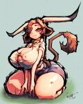  1girl :3 absurdres animal_ears bell blush breasts cleavage closed_mouth collar collared_shirt covered_nipples cow_ears cow_girl cow_horns cow_tail cowbell crosshatching curvy denim denim_shorts floofsmear hatching_(texture) highres horns huge_breasts large_breasts long_eyelashes long_hair long_horns looking_at_viewer mature_female nipples open_clothes original plump shirt short_sleeves shorts simple_background skindentation smile solo stomach tail thick_thighs thighs white_shirt 