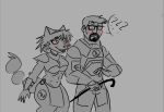  anthro armor blush canid canine clothed clothing crossover crowbar digital_media_(artwork) duo eyewear female fox fur glasses gordon_freeman hair half-life holding_arm holding_object human krystal machine male mammal nintendo power_armor simple_background smile star_fox stuupeezart tools valve 