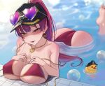  1girl afloat alternate_breast_size ass baseball_cap bikini breast_rest breasts bubble bust_cup earrings eyewear_on_headwear hat heart heart-shaped_eyewear heart_earrings heart_necklace heterochromia highres hololive houshou_marine houshou_marine_(4th_costume) huge_breasts jewelry necklace open_mouth pool red_bikini red_eyes red_hair rubber_duck solo swimsuit untied_bikini virtual_youtuber water wet yellow_eyes yzr_(yzr99) 