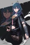  1girl absurdres armor belt black_armor black_cape black_shorts blue_eyes blue_hair breastplate brown_pantyhose byleth_(female)_(fire_emblem) byleth_(fire_emblem) cape closed_mouth commentary expressionless fire_emblem fire_emblem:_three_houses grey_belt hair_between_eyes highres holding holding_weapon kazo_(kidokazo) long_hair looking_at_viewer midriff navel pantyhose shorts solo weapon 