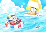 2others air_bubble anchor_symbol blue_eyes blue_sky blush boat bubble goggles hat hat_ornament highres innertube kinuyo_(kinuxi) kirby kirby_(series) multiple_others no_humans orange_eyes sailboat sailor sailor_collar sailor_hat sitting sky smile star_(symbol) star_hat_ornament waddle_dee water watercraft 