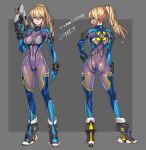  1girl adapted_costume ass blonde_hair blue_eyes bodysuit breasts commission covered_navel from_behind grey_background gun handgun heel-less_heels high_heels highres holding holding_gun holding_weapon impossible_bodysuit impossible_clothes long_hair looking_at_viewer looking_back medium_breasts metroid mole mole_under_mouth multiple_views ponytail samus_aran shiny_clothes skeb_commission skin_tight takada_kazuhiro weapon zero_suit 