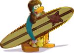  alpha_channel avian bird brown_hair clothing club_penguin dress female floral_dress full-length_portrait hair hi_res jewelry long_hair looking_at_viewer mckenzie_(club_penguin) necklace official_art open_mouth orange_clothing orange_dress penguin pigtails portrait solo surfboard unknown_artist upper_teeth_only 