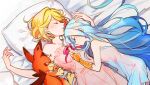  2girls bare_arms bed_sheet blonde_hair blue_dress blue_hair closed_mouth collarbone cunonn djeeta_(granblue_fantasy) dress from_above granblue_fantasy long_hair lying lyria_(granblue_fantasy) multiple_girls on_back on_side parted_lips pillow pink_dress red_ribbon ribbon short_dress short_hair sleeping straight_hair strapless strapless_dress very_long_hair yuri 