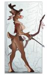  2023 absurd_res accessory anthro antlers arrow_(weapon) belt_pouch blue_eyes bow_(weapon) breasts brown_body brown_fur butt cheek_tuft chest_tuft clothed clothing colored deer digital_drawing_(artwork) digital_media_(artwork) facial_tuft feather_in_hair feathers female full-length_portrait fur hair hair_accessory hi_res hooves horn inner_ear_fluff mammal mostly_nude neck_tuft new_world_deer portrait ranged_weapon reindeer side_boob side_view skimpy solo standing tribal tuft unguligrade weapon yakovlev-vad 