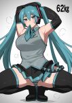  1girl absurdres aqua_eyes aqua_hair aqua_necktie armpits arms_up ass_visible_through_thighs black_footwear black_skirt black_sleeves blush boots breasts collared_shirt commentary detached_sleeves full_body gradient_background grey_background grey_shirt hair_between_eyes hatsune_miku headset highres keiichi_r18 large_breasts long_hair looking_at_viewer miniskirt mouth_hold necktie necktie_in_mouth panties pantyshot parted_lips pleated_skirt shirt simple_background skirt sleeveless sleeveless_shirt solo spread_legs squatting steaming_body striped striped_panties sweat thigh_boots tiptoes twintails underwear vocaloid wing_collar zettai_ryouiki 
