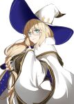  1girl blonde_hair blue_eyes braid fate/grand_order fate_(series) glasses hat highres long_hair ri_o_ne_su robe side_braid tonelico_(fate) white_background white_robe witch_hat 