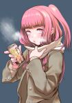  1girl blush breath brown_coat can coat cold commentary_request enpera furrowed_brow grey_background hands_up highres holding holding_can incoming_drink kotonoha_akane lips long_hair looking_at_viewer one_side_up open_clothes open_coat open_mouth pink_eyes pink_hair ribbed_sweater scarf scarf_pull shiruko_(food) sidelocks simple_background solo sweater tmasyumaro translation_request upper_body upturned_eyes voiceroid white_scarf white_sweater 