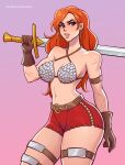  1girl artist_name belt bra brown_belt brown_gloves earrings gloves highres holding holding_sword holding_weapon hoop_earrings jewelry long_hair looking_at_viewer orange_eyes orange_hair over_shoulder patreon_username pink_background red_shorts red_sonja red_sonja_(comics) scar short_shorts shorts simple_background solo sword toksie underwear watermark weapon weapon_over_shoulder web_address 