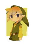  1boy belt blonde_hair closed_mouth green_headwear link looking_at_viewer male_focus pointy_ears short_hair simple_background smile solo standing sword the_legend_of_zelda thick_eyebrows tokuura toon_link tunic upper_body weapon 