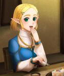  1girl :d artist_name blonde_hair braid cake cake_slice chair cup eating food fork gold_trim green_eyes hair_ornament hairclip holding holding_fork indoors long_neck pointy_ears princess_zelda sangachie sitting smile solo table the_legend_of_zelda the_legend_of_zelda:_breath_of_the_wild 