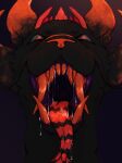  anthro big_fangs black_body black_fur black_tongue bodily_fluids front_view fur glistening glistening_eyes hi_res horn lionfloof looking_at_viewer male mouth_shot open_mouth pupils red_eyes red_horn red_nose red_pupils saliva saliva_on_tongue saliva_string solo striped_tongue tongue tongue_out 