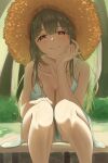  1girl bare_shoulders blue_dress blush breasts cleavage closed_mouth collarbone commentary_request dress green_hair hair_between_eyes hat highres idolmaster idolmaster_shiny_colors knees kuwayama_chiyuki large_breasts long_hair looking_at_viewer misanga_(hxjd5354) sitting smile solo straw_hat sundress thighs yellow_eyes 
