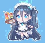  1girl :o alternate_costume apron aris_(blue_archive) black_dress black_footwear black_hair blue_archive blue_background blue_eyes cake cake_slice collared_dress dress enmaided food frilled_apron frilled_dress frills fruit hair_between_eyes halo highres holding holding_tray ice_cream kaoling long_hair looking_at_viewer maid maid_apron maid_headdress midori_(blue_archive) momoi_(blue_archive) one_side_up oreo outline parted_lips power_symbol puffy_short_sleeves puffy_sleeves shoes short_sleeves simple_background socks solo strawberry tray very_long_hair white_apron white_outline white_socks wrist_cuffs yuzu_(blue_archive) 