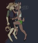  anthro antlers ballbusting black_bottomwear black_clothing black_shorts blonde_hair bottomwear bovid brown_body brown_hair bucklucky caprine clothed clothing cock_and_ball_torture deer duo ear_piercing ear_stud ears_back english_text eye_contact genital_torture goat green_bottomwear green_clothing green_topwear hair hi_res horn looking_at_another male mammal mouth_closed narrowed_eyes open_mouth open_smile piercing pivoted_ears short_hair shorts simple_background smile speech_bubble standing text topwear wavy_mouth yellow_body yellow_eyes 
