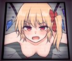  1girl angry blonde_hair blush breasts completely_nude crystal flandre_scarlet laevatein_(touhou) looking_at_viewer miyo_(ranthath) nude open_mouth red_eyes screen side_ponytail small_breasts solo sweat through_wall touhou wings 
