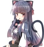  1girl animal_ears animal_hands black_gloves black_skirt black_thighhighs blue_hair blush cat_ears cat_tail commentary_request dot_nose flat_chest frilled_sleeves frills gloves hair_ribbon hand_up highres idolmaster idolmaster_cinderella_girls jitome juliet_sleeves long_hair long_sleeves looking_at_viewer paw_gloves puffy_sleeves red_eyes red_ribbon ribbon sajo_yukimi shirt sidelocks sitting skirt solo tail thighhighs thighs tongue tongue_out umberblack white_background white_shirt zettai_ryouiki 