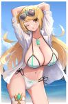  1girl absurdres arms_up beach bikini blonde_hair breasts chest_jewel cleavage cowboy_shot day earrings eyewear_on_head gonzarez highres huge_breasts jewelry large_breasts long_hair mythra_(xenoblade) navel one_eye_closed open_clothes open_shirt outdoors shirt side-tie_bikini_bottom solo sunglasses swept_bangs swimsuit thigh_strap tiara water white_bikini white_shirt xenoblade_chronicles_(series) xenoblade_chronicles_2 yellow_eyes 