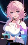  1girl absurdres archery_shooting_glove black_choker blue_eyes camera choker highres holding holding_camera honkai:_star_rail honkai_(series) jacket long_hair long_sleeves looking_at_viewer march_7th_(honkai:_star_rail) open_mouth pink_hair planet purple_eyes rererere_mon sidelocks smile solo star_(sky) teeth two-tone_eyes upper_body upper_teeth_only white_jacket 