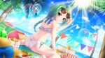  1girl ball bare_legs barefoot beach beachball bento bikini blanket blue_bow blue_sky bow braid cloud day dimples_of_venus dot_nose dutch_angle eyewear_on_head film_grain food frilled_bikini frills from_behind game_cg glass_container green_hair hat izumi_tsubasu jar lens_flare long_braid looking_back non-circular_lens_flare non-web_source ocean official_art open_mouth outdoors palm_tree picnic_basket popcorn re:stage! sausage shirokita_kuroha shoulder_blades single_braid sitting sky solo sparkle straw_hat string_of_flags sun sunglasses swimsuit tomato tree wariza watermelon_beachball white_bikini wicker_basket yellow_eyes 