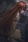  1girl alternate_eye_color brown_coat closed_mouth coat door highres holding holding_paper indoors long_hair looking_to_the_side magan0301 makise_kurisu on_stairs paper profile red_eyes red_hair shirt sleeve_cuffs solo stairs steins;gate straight_hair white_shirt 