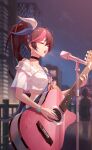  2girls absurdres bare_shoulders blurry blurry_background breasts brown_hair closed_eyes crazy_ones earrings hairband highres jewelry long_hair medium_breasts microphone_stand multiple_girls music official_art open_mouth playing_guitar ponytail red_hair shirt singing star_(symbol) star_earrings su_xiaoye white_shirt 