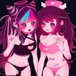  2girls :d ameko53133 angel_and_devil bandaid bare_arms bare_shoulders bikini black_hair blush breasts cleavage cowboy_shot danganronpa_(series) danganronpa_2:_goodbye_despair demon_tail ear_piercing green_hair hair_horns halo hand_up hat highres large_breasts long_hair mioda_ibuki mole mole_under_eye multiple_girls navel navel_piercing nurse_cap open_mouth piercing pink_bikini pink_eyes pink_hair sharp_teeth smile swimsuit tail teeth thigh_gap tsumiki_mikan upper_teeth_only v 