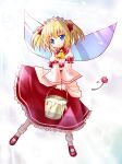  1girl ayano_rena blonde_hair blue_eyes bucket dress fairy_wings flower highres holding holding_bucket long_sleeves red_dress simple_background solo sunny_milk thighhighs tiara touhou two_side_up white_background white_thighhighs wings 
