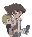  2boys black_shirt blonde_hair blue_footwear brown_eyes brown_hair closed_mouth digimon digimon_adventure hair_between_eyes highres multiple_boys shirt shorts simple_background smile takaishi_takeru tantanmen white_background yagami_taichi 