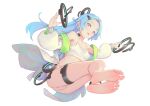  1girl bare_shoulders barefoot bigrbear blue_hair camisole feet hair_ornament hairclip jacket long_hair looking_at_viewer open_clothes open_jacket open_mouth original panties red_eyes solo thigh_strap underwear white_background white_camisole white_panties 