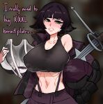  1girl armor bare_shoulders black_hair blurry blurry_background breastplate breasts centurii-chan_(artist) clenched_teeth collarbone commentary crop_top english_commentary english_text green_eyes helmet highres holding holding_helmet holding_sword holding_weapon large_breasts looking_at_viewer midriff mole mole_under_eye navel original removing_armor short_hair sleeveless solo sword teeth toned undressing weapon 
