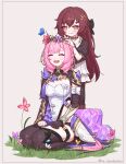  2girls :d black_bow black_gloves black_pantyhose black_shirt black_thighhighs blush bow braid breasts brown_footwear brown_hair bug butterfly cleavage closed_eyes commentary dress dyadyadya eden_(honkai_impact) eighth_note elbow_gloves elysia_(honkai_impact) flower gloves grey_background hair_bow hair_flower hair_ornament hand_up honkai_(series) honkai_impact_3rd layered_skirt long_hair medium_breasts multiple_girls musical_note orange_eyes pantyhose pink_flower pink_hair pleated_skirt pointy_ears puffy_short_sleeves puffy_sleeves purple_flower seiza shirt shoes short_sleeves simple_background single_glove single_sleeve sitting skirt smile standing teeth thighhighs twitter_username upper_teeth_only very_long_hair white_dress white_skirt 