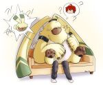  angoramon anthro bandai_namco bosamon digimon digimon_(species) duo evolution furniture hair hair_over_eyes hi_res human humor lagomorph leporid long_ears male mammal pawpads ponytail_ears question_mark rabbit rubixkun size_difference sofa 