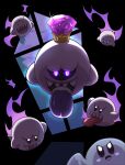  black_eyes blue_eyes blush_stickers boo_(mario) copy_ability crown dark gem ghost ghost_kirby glowing glowing_eyes highres king_boo kirby kirby_(series) looking_at_viewer luigi&#039;s_mansion mario_(series) no_humans odd_one_out open_mouth poyo_party purple_eyes shaded_face sharp_teeth smile teeth tongue tongue_out window 