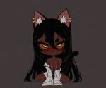  &gt;:( 1girl :&lt; abottleofstars animal_ear_fluff animal_ears barbell_piercing black_hair blush breasts cat_ears cat_girl cat_tail chibi closed_mouth dark-skinned_female dark_skin ear_piercing frown hair_between_eyes highres large_breasts long_hair long_sleeves looking_at_viewer multiple_piercings original piercing shirt solo tail v-shaped_eyebrows very_dark_skin white_shirt yellow_eyes 