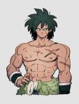  1boy black_eyes black_hair broly_(dragon_ball_super) dragon_ball dragon_ball_super dragon_ball_super_broly grey_background hand_on_own_hip kemachiku male_focus muscular muscular_male saiyan scar scar_on_arm scar_on_chest scar_on_face short_hair simple_background topless_male 