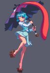  1girl ;p blue_hair blue_skirt blue_vest brown_footwear closed_mouth commentary full_body geta grey_background highres holding holding_umbrella karakasa_obake legs looking_at_viewer one_eye_closed pixel_art potemki11 purple_umbrella red_eyes shirt short_hair simple_background skirt solo tatara_kogasa tongue tongue_out touhou umbrella vest white_shirt 