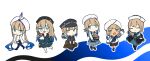  2boys 4girls apron bag baker_nemo_(fate) belt beret black_apron black_headwear black_jacket black_sailor_collar black_shorts blue_dress blue_hair blue_pants blue_sailor_collar blue_shirt blush braid braided_ponytail brown_pants captain_nemo_(fate) chibi closed_eyes collared_shirt dress dress_shirt engineer_nemo_(fate) fate/grand_order fate_(series) glasses gradient_hair green_eyes grey_headwear grey_shirt hat hat_feather highres jacket light_brown_hair long_hair long_sleeves looking_at_viewer low_twintails marine_nemo_(fate) medium_hair multicolored_hair multiple_boys multiple_girls nemo_(fate) no-kan nurse_cap nurse_nemo_(fate) off_shoulder open_clothes open_jacket pants professor_nemo_(fate) round_eyewear sailor_collar shirt short_hair short_sleeves short_twintails shorts shoulder_bag sidelocks sleeves_past_fingers sleeves_past_wrists striped striped_shirt suspenders thighs tight_clothes tight_pants turban twintails two-tone_hair vertical-striped_shirt vertical_stripes white_headwear white_shirt 