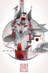  ambiguous_gender asian_architecture asian_clothing canid canine clothed clothed_feral clothing cloud ear_piercing ear_ring earwear feral fox headgear headwear hi_res looking_at_viewer mammal piercing red_eyes ring_piercing rising_sun signature simple_background smallyu solo white_background 
