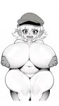  big_breasts black_and_white borrowed_character breasts breasts_apart clothing eyelashes female glistening glistening_body goblin hair hat headgear headwear hi_res huge_breasts humanoid humanoid_pointy_ears lei_(20pesos_sopa) looking_at_viewer monochrome navel nipples nude panties short_hair short_stack simple_background sitting slightly_chubby solo thick_thighs underwear white_background wide_hips 