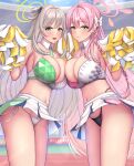 2girls :d alternate_costume bare_shoulders black_panties blue_archive blush bow breasts cleavage closed_mouth commentary_request detached_collar green_eyes grey_hair hair_bow hair_ornament halo hanako_(blue_archive) highres holding holding_pom_poms large_breasts long_hair looking_at_viewer melopun multiple_girls navel nonomi_(blue_archive) open_mouth outdoors panties pink_hair pleated_skirt pom_pom_(cheerleading) side-tie_panties skirt smile stomach thighs underwear white_bow white_panties 